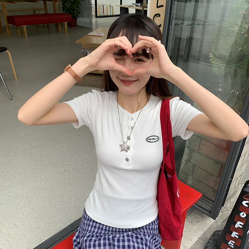 Real shot #Front shoulder embroidered short-sleeved T-shirt for women 2025 summer new versatile Henry neck solid color shirt top