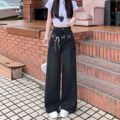 Real shot~Sweet and cool style design black belt slimming wide-leg jeans for women with high waist straight-leg floor pants