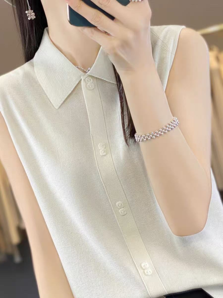2025春夏新款背心女無袖POLO翻領外穿襯衫針織打底衫上衣