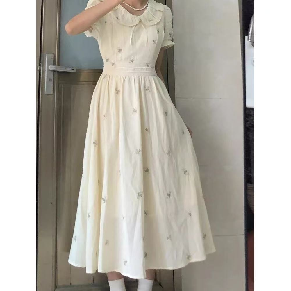法式甜美娃娃領碎花連衣裙女夏季新款氣質收腰顯瘦桔梗茶歇中長裙