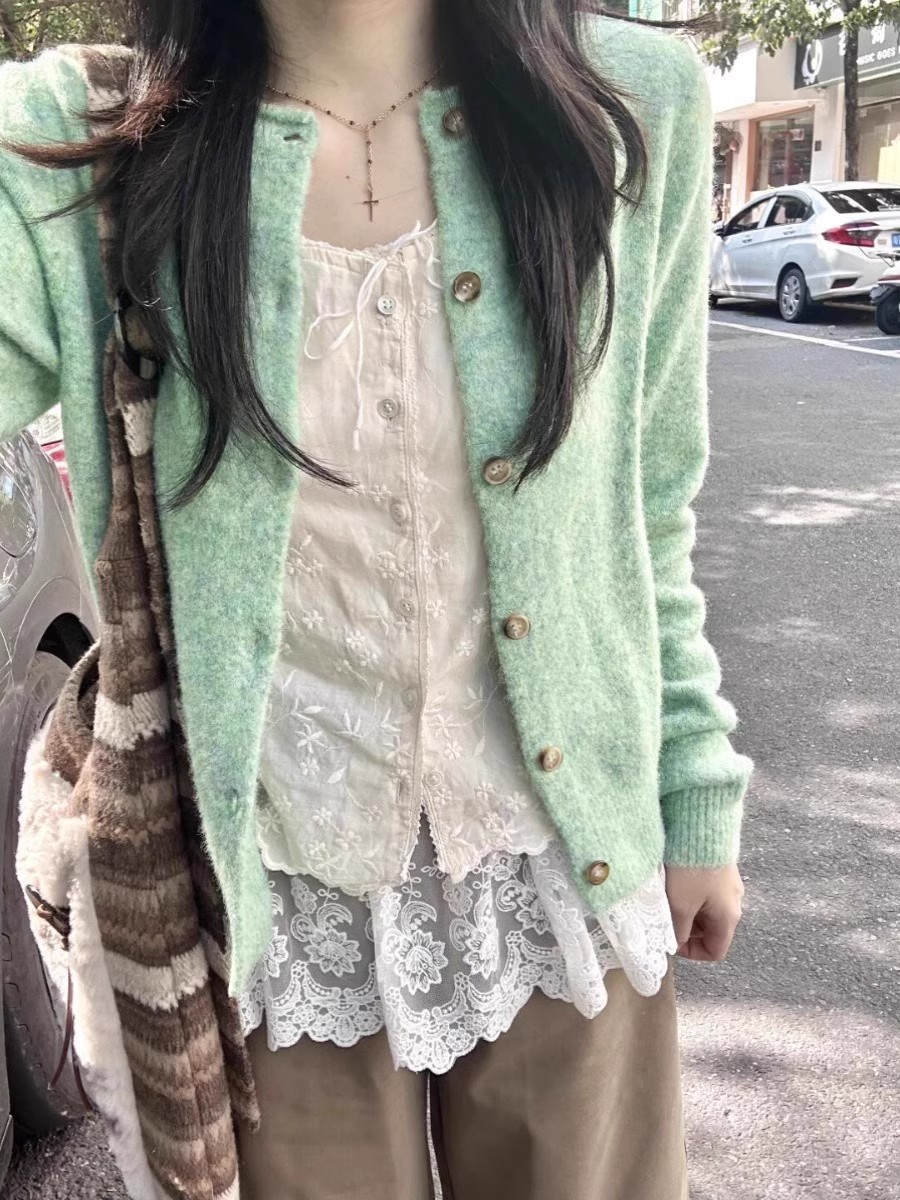 薄荷綠色復古卷邊針織開衫毛衣外套女新款春秋季軟糯早春外搭上衣