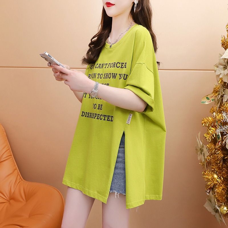First release of 100 cotton back-collar pure cotton short-sleeved T-shirt for women with large size women's fat mm slit top