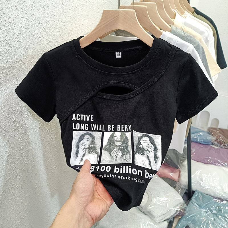 Real shot of pure cotton rib design niche short-sleeved T-shirt for women