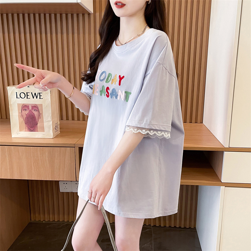 Real-life pure cotton quality/rear collar/loose mid-length colored letter embroidered lace splicing T
