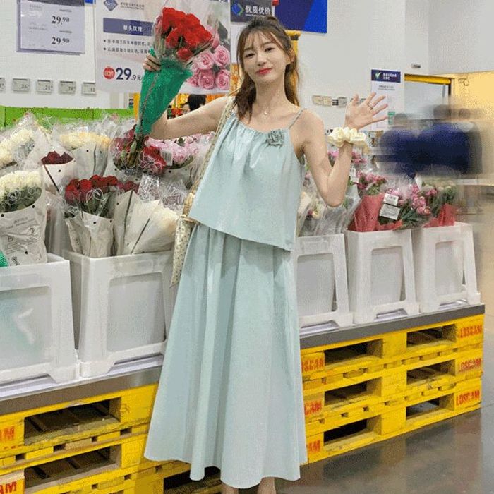 法式甜美減齡吊帶上衣套裝女2025夏季新款顯瘦高腰半身長裙兩件套