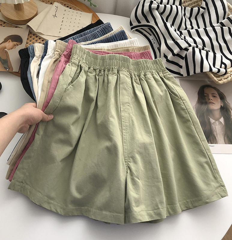 Official picture pure cotton elastic waist wide-leg pants for women in summer Korean style loose high waist wear home sports and casual shorts
