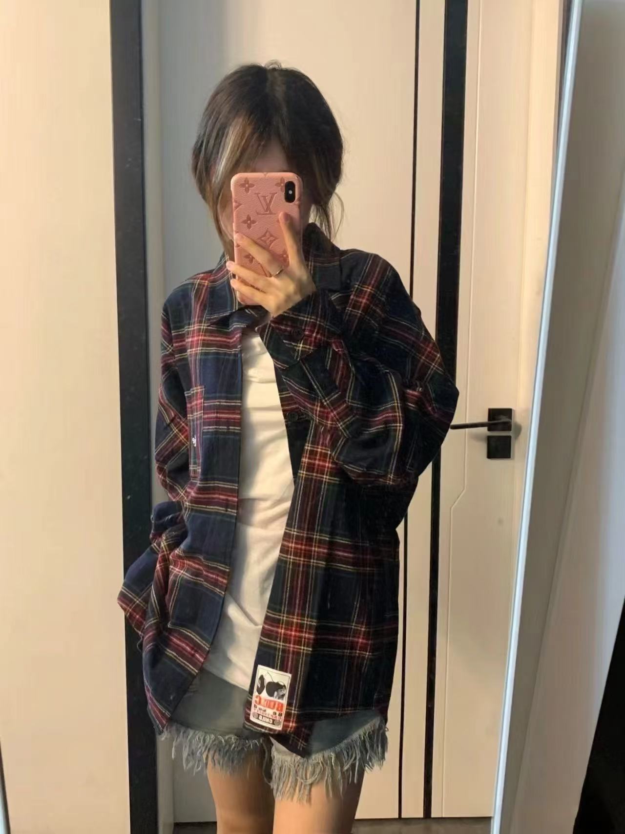 American retro burgundy plaid long-sleeved shirt for women's spring new loose outerwear shirt lapel top jacket