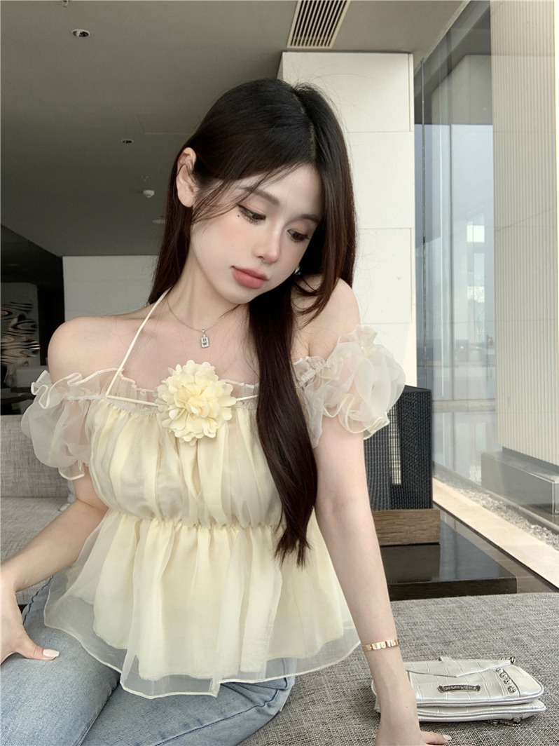 Real shot French one-shoulder puff sleeve three-dimensional flower chiffon short-sleeved top