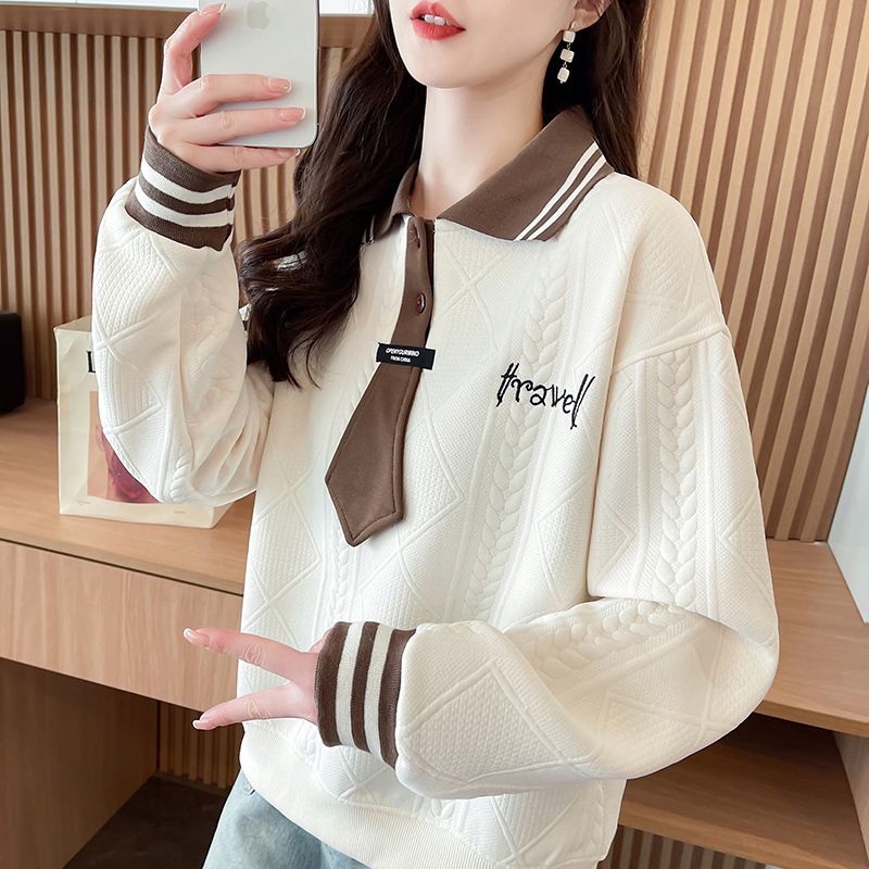 First-time real-time sweatshirt for women early spring new polo collar loose large size small design tie top jacket