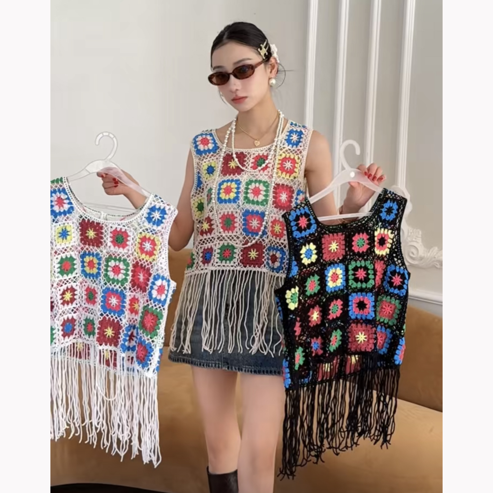 流蘇背心吊帶女夏民族風復古刺繡外穿寬鬆V領疊穿百搭鈎花鏤空衫