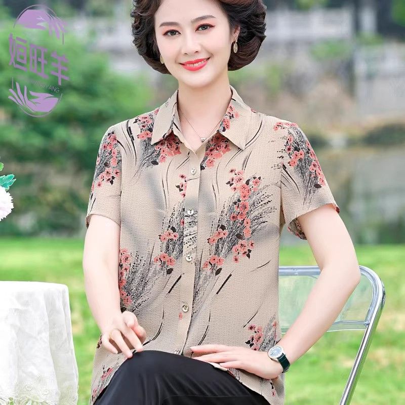 中老年新款女裝春夏裝短袖花色打底衫上衣洋氣媽媽薄款翻領女襯衣