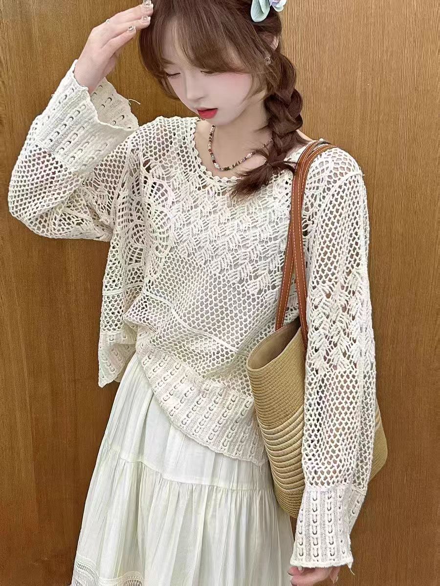 2025夏季新款法式復古鈎花鏤空針織罩衫上衣外套女