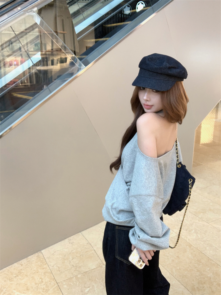 實拍 復古掛脖衛衣女設計感兩穿露肩上衣