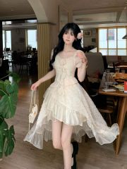 Fragrant mist white tea, temperament, age-reducing flowers, snowflake velvet splicing design, skirt, dress, summer
