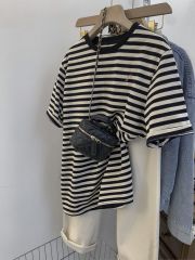 B346#原版面料官圖特大碼300斤條紋短袖t恤女夏季寬鬆上衣