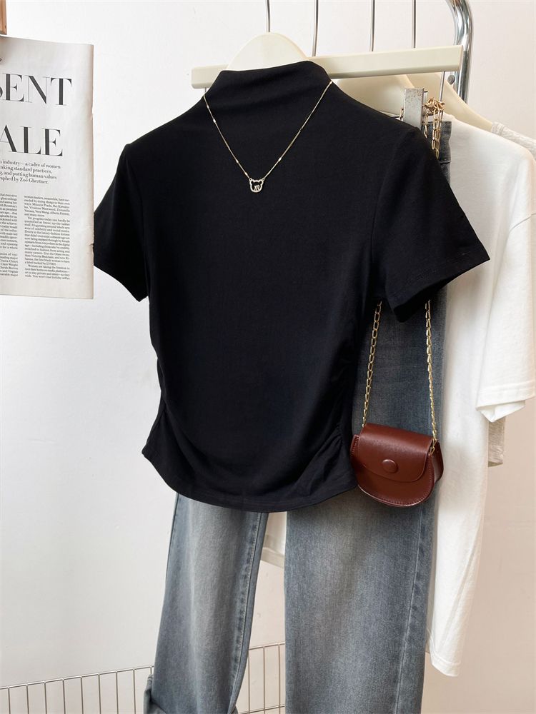 New summer half-high neck waist short-sleeved T-shirt for women with pleated design slim short style