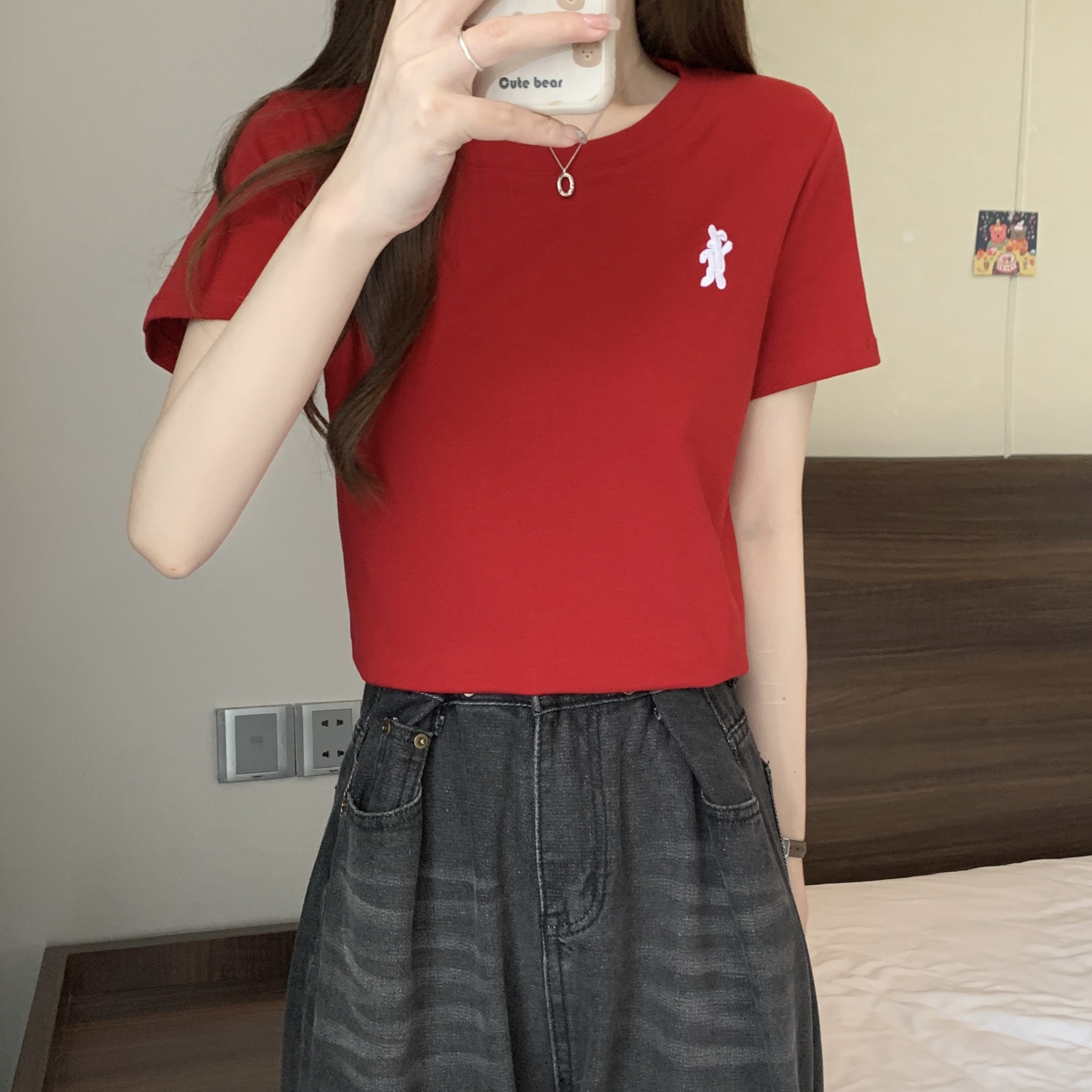 Real photo of red embroidered short-sleeved T-shirt for women's summer 2025 new half-sleeved T-shirt casual loose versatile top