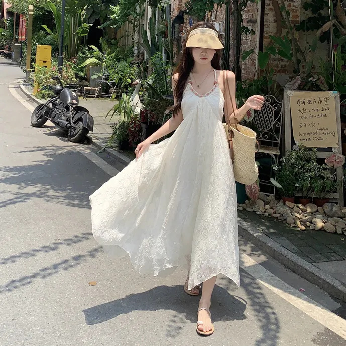 Escape Princess Dress Luo Yue Hua God Summer New Pure Big Backless Neck Sling Dress Women's Strap Long Skirt