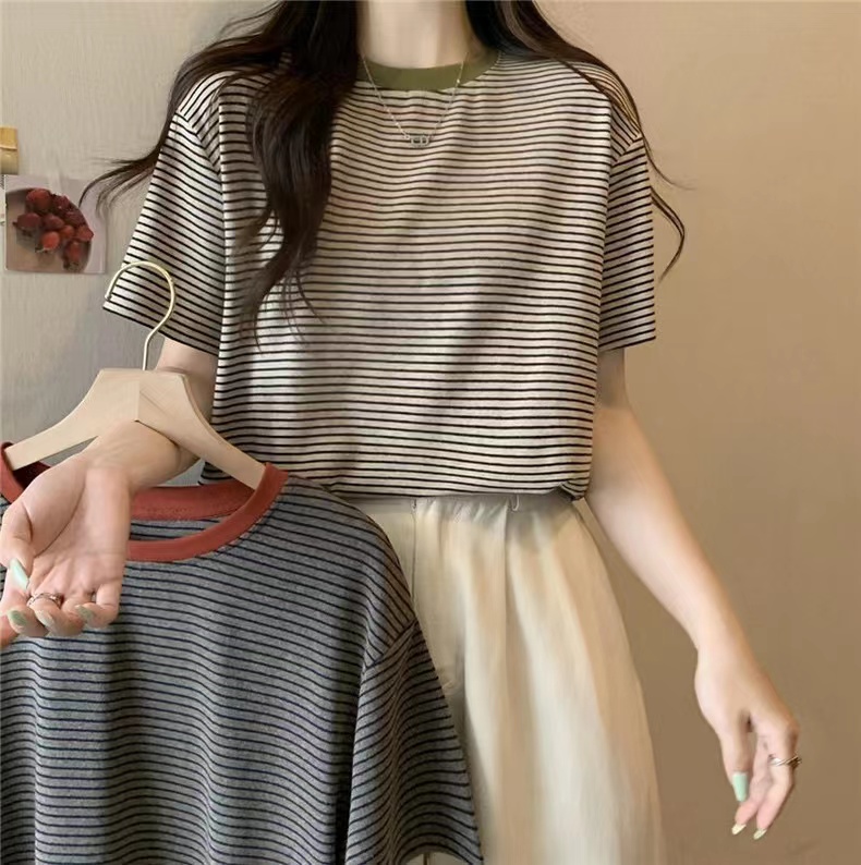 Real-life pure cotton striped loose short-sleeved T-shirt