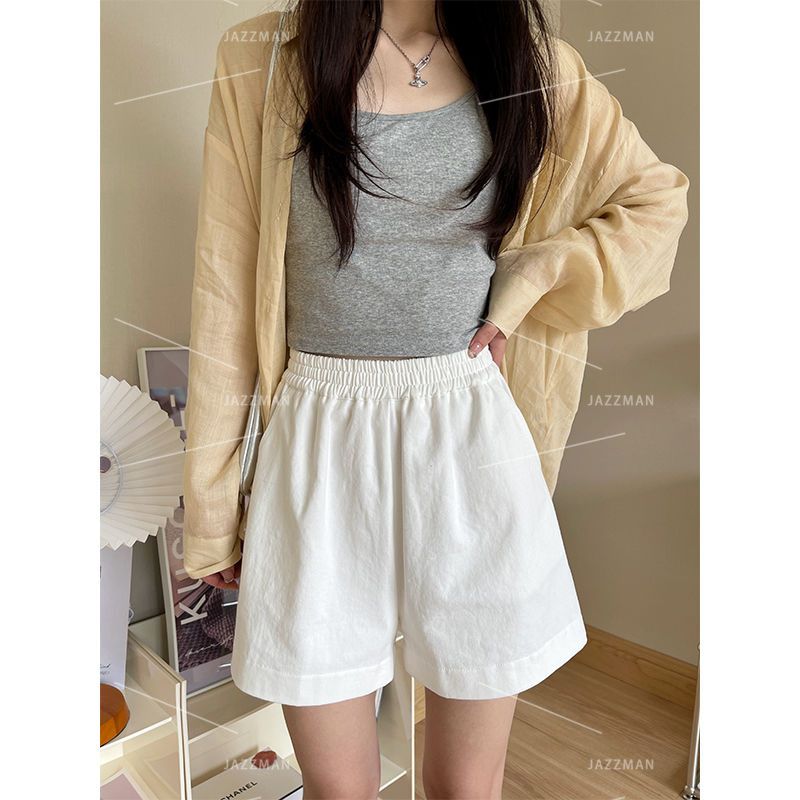 Washed cotton work shorts for women in summer thin style, simple loose slim casual sports pants A-line wide-leg pants
