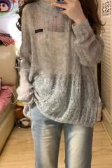套頭鏤空設計感針織罩衫設計感防曬連帽上衣女透氣薄款長袖毛衣夏