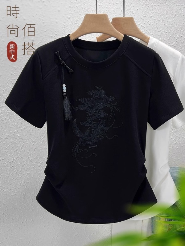 白色短袖t恤女夏季2025新款鳳紋刺繡修身復古盤扣新中式國風上衣