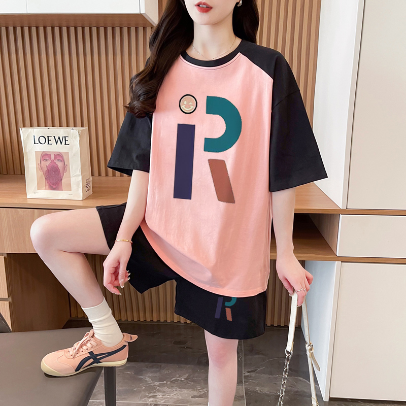 Real shot of pure cotton 32 double yarn 320g 2025 summer sports short-sleeved T-shirt shorts suit women's two-piece set