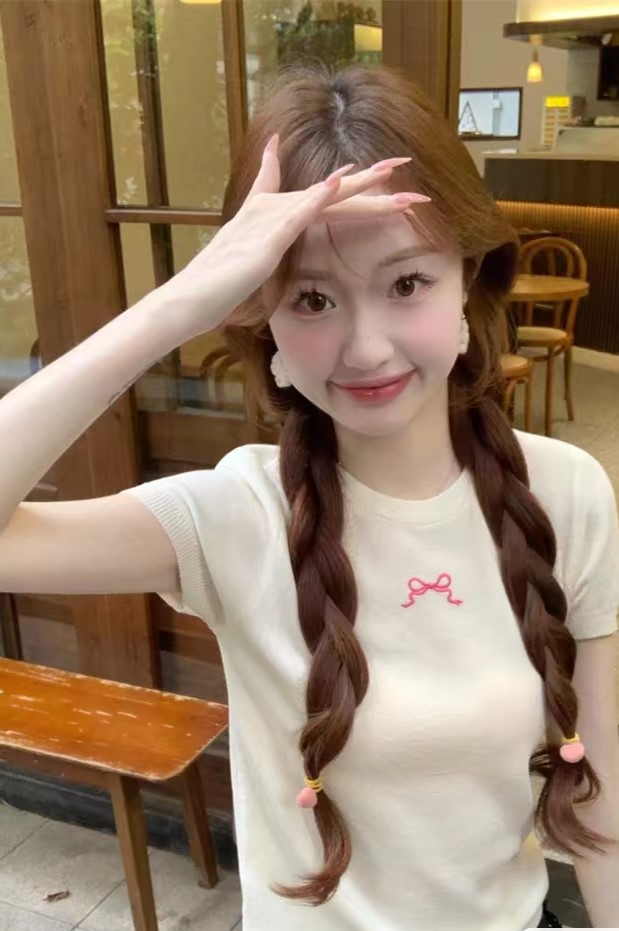 Korean bow strap striped short-sleeved T-shirt for women with round neck pullover versatile knitted tops cool silk