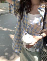 Colorful plaid short-sleeved sunscreen shirt for women 2025 new jacket loose versatile bf lazy style casual top