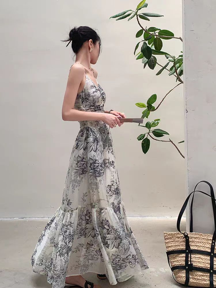 Sleeveless suspender dress for women 2025 summer new design ink painting waist-hugging long skirt