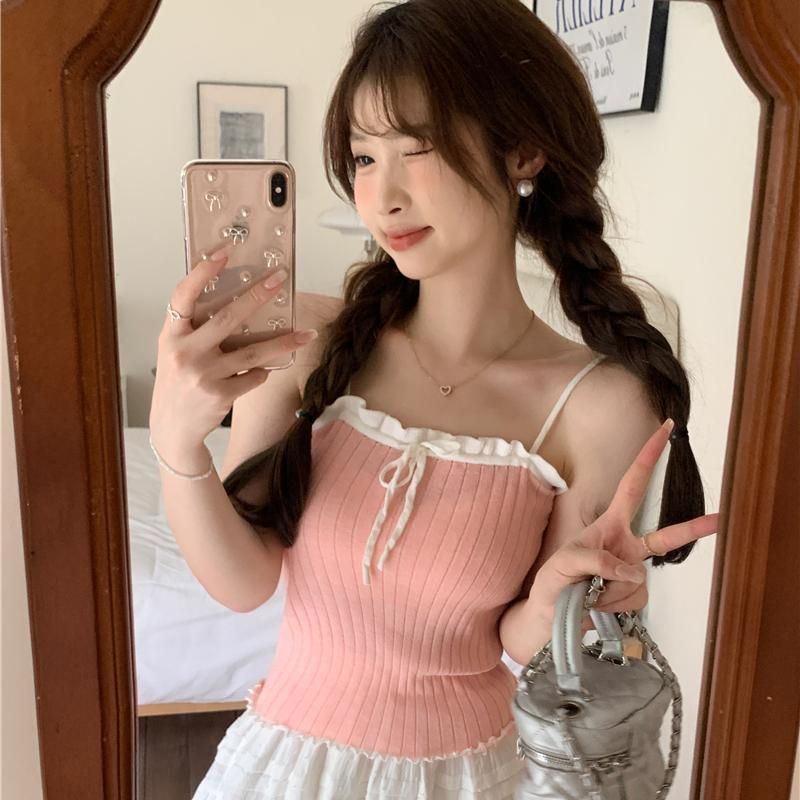 純欲風甜辣妹木耳邊系帶針織吊帶背心女夏季外穿短款美背無袖上衣