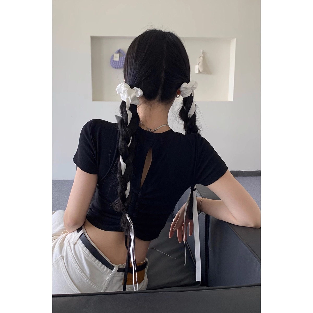Sweet and cool manga~ Hot girls pure and lustful summer new backless top drawstring design slim and short-sleeved T-shirt