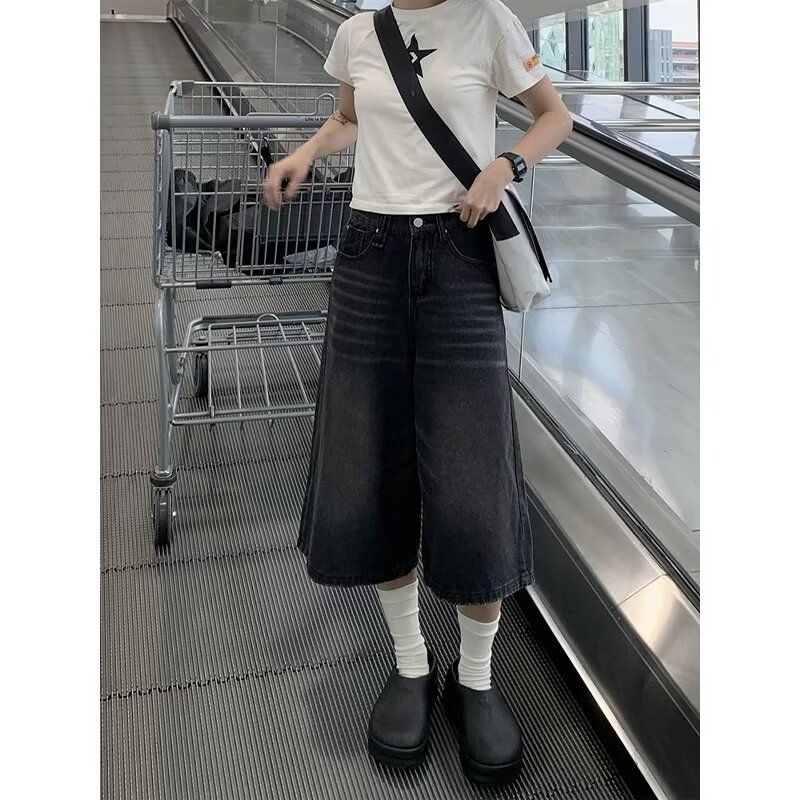 Cool denim shorts for men and women for summer thin loose straight casual trendy brand teenager cropped pants for men and women
