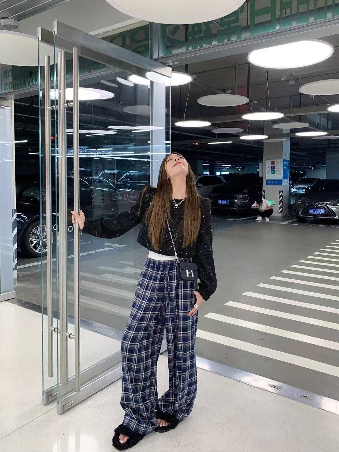 Original quality, method of splicing double waist hiding blue plaid wide-leg new loose slimming floor pants