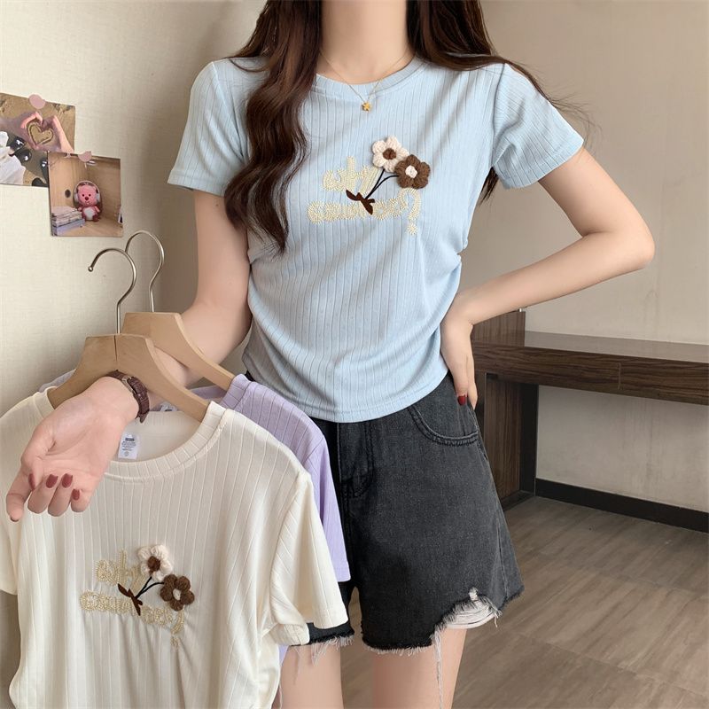 Real shot of 40 imitation cotton 1*1 new summer sequin butterfly fold waist design short-sleeved T-shirt for women