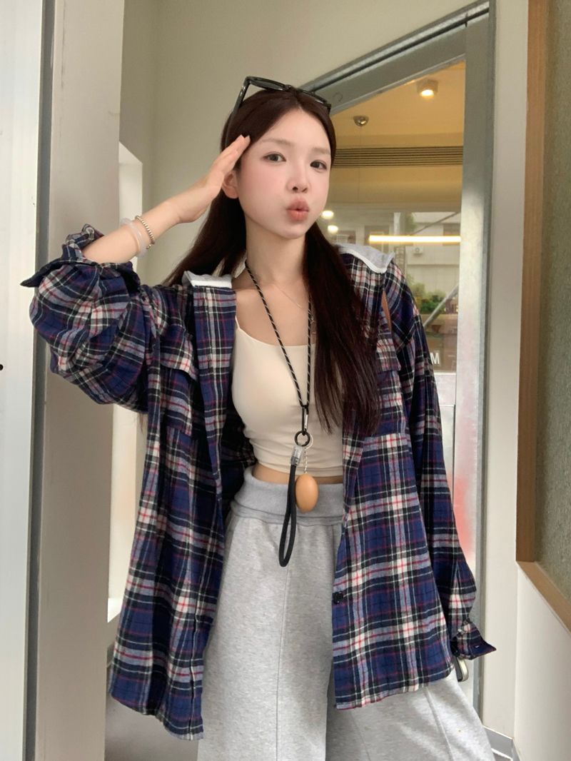 Real photo contrasting blue checked hooded long-sleeved shirt for women new retro lazy couple casual jacket