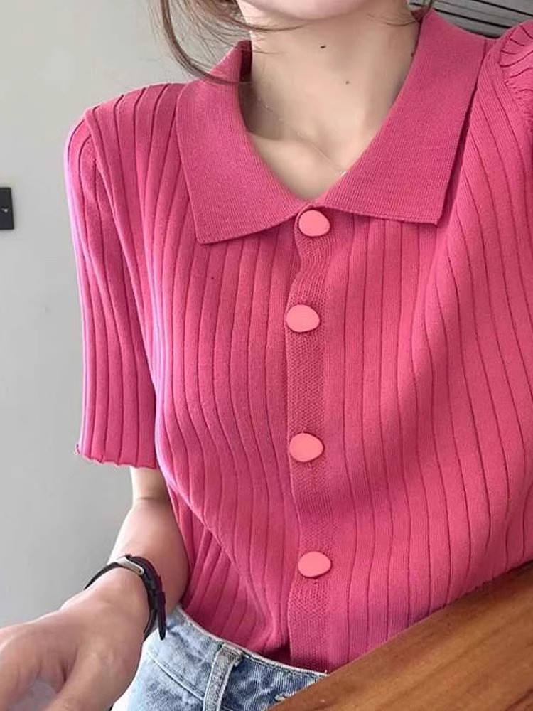Korean Polo neck pink short-sleeved T-shirt for women in summer fashion ice silk knitted T-shirt design sense top thin