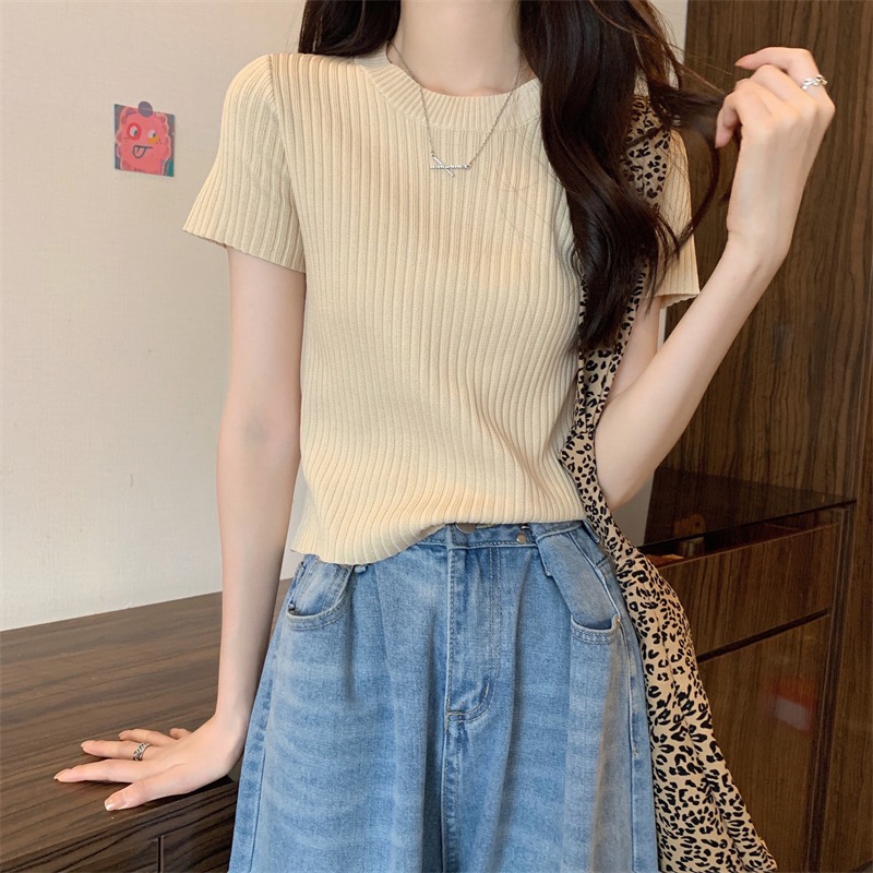 Women's shoulder T-shirt, slim summer thin short-sleeved ice silk sweater, short high-waisted sweet hot girl top