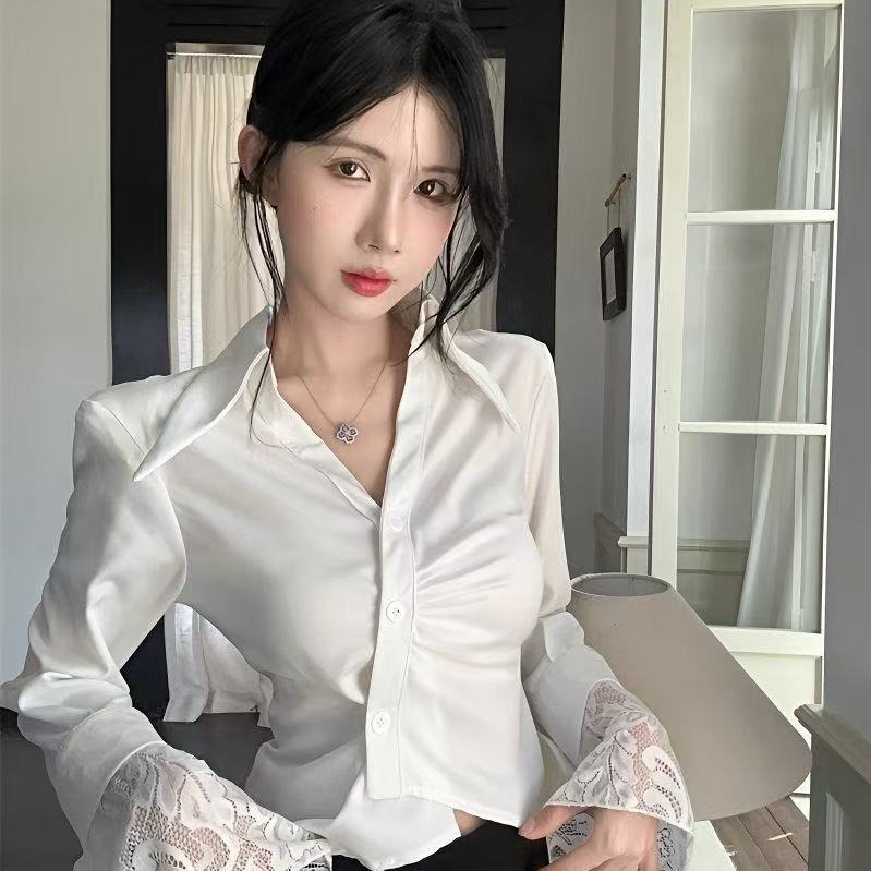 辣妹翻領蕾絲喇叭袖設計感小眾獨特高級感不規則收腰顯瘦上衣