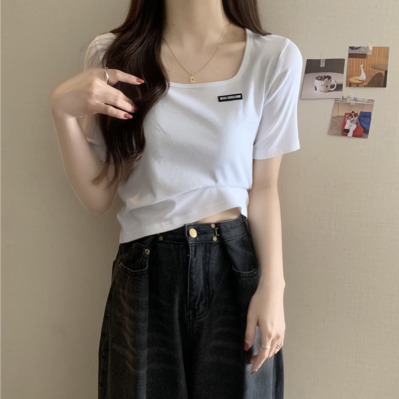 Real shot of pure cotton ribbed super hot square collar shoulder short-sleeved T-shirt for women