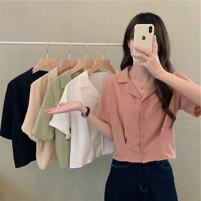 Korean-style solid color versatile small lapel V-neck shirt loose-fit short-sleeved retro single-breasted top