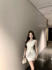 實拍 性感露肩收腰顯瘦裙子斜肩蝴蝶結包臀連衣裙