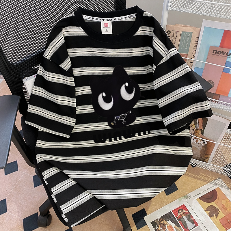 Real-life photo first release 100% pure cotton back cover collar design feel loose half-sleeved T-shirt women's top trendy