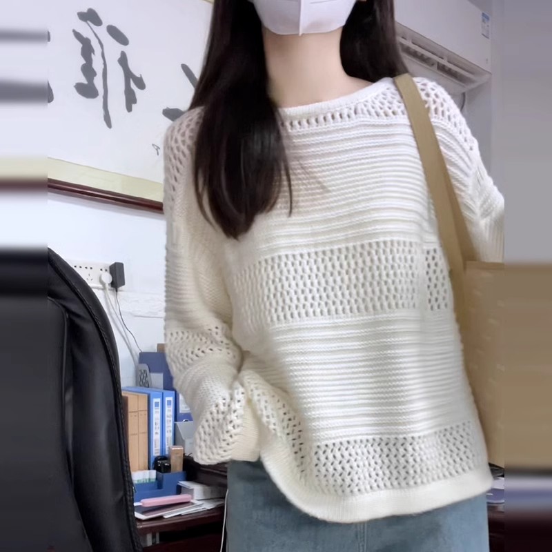 2025早春季新款慵懶風寬鬆白色鏤空針織罩衫上衣女春季高級感毛衣
