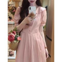 夏季茶歇法式溫柔學院風連衣裙女娃娃領小眾氣質絕美收腰中長裙子