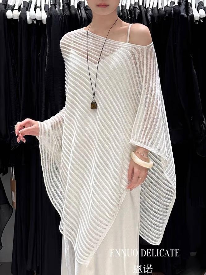 ENNUO Enno lazy style hollow sweater French temperament high-end loose casual micro perspective cape top