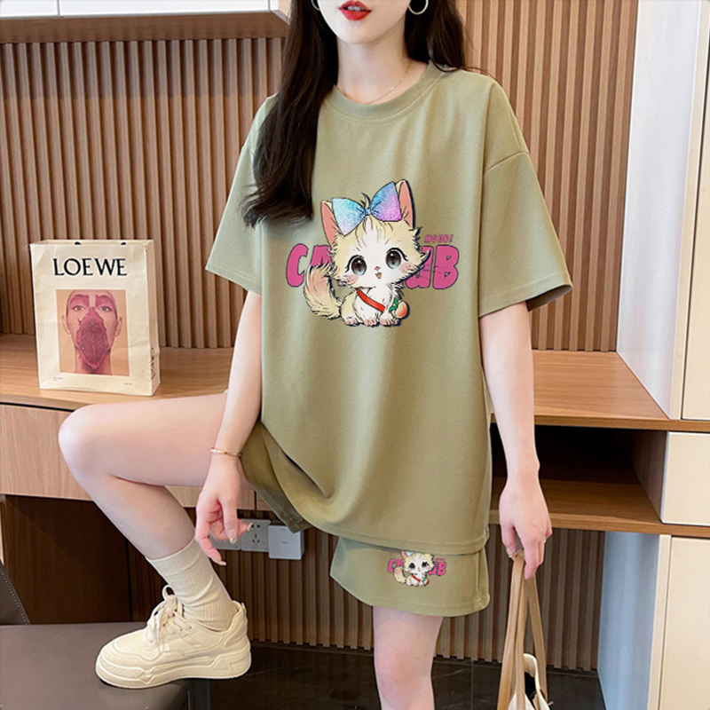 Pure cotton 21 200g 2025 summer casual sports short-sleeved T-shirt shorts for women two-piece set