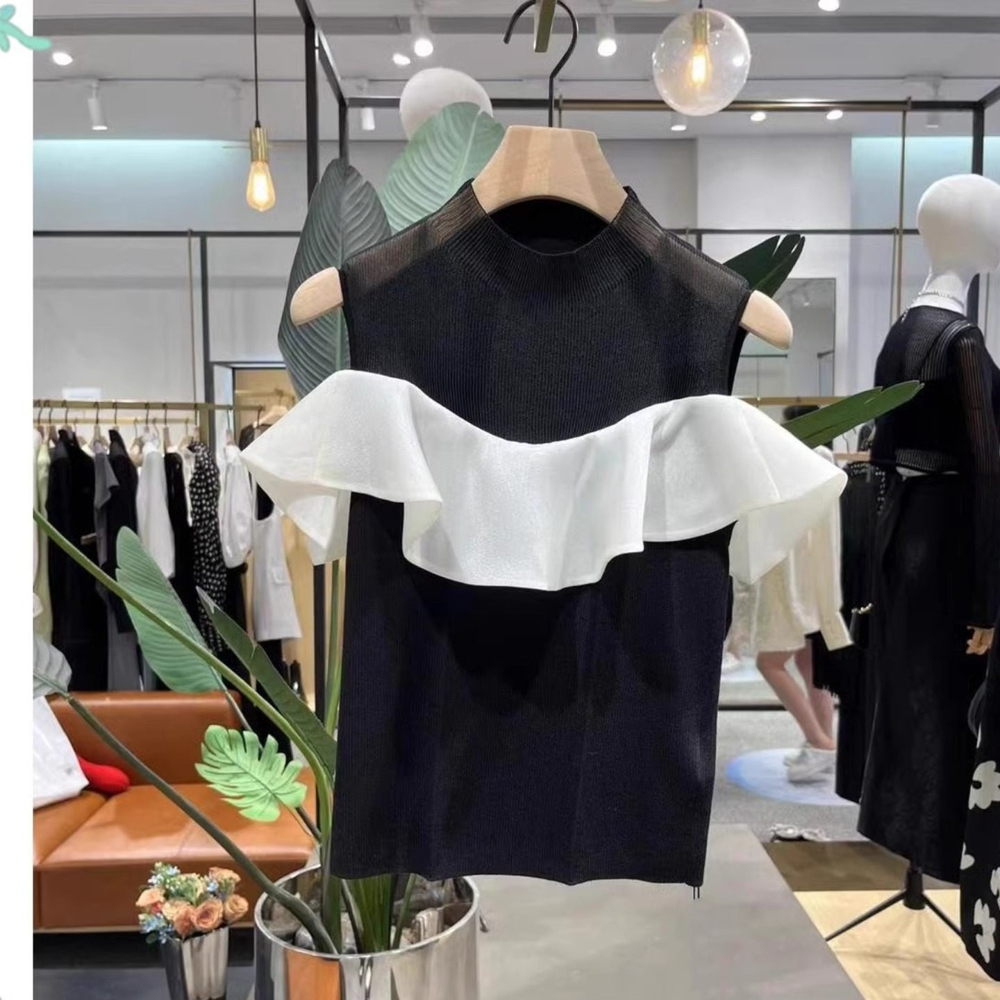 Summer new product design sense pullover elegant slim spliced ​​ruffled turtleneck sleeveless top knit sweater for women