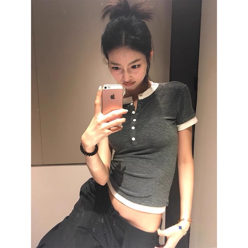 Back collar + pull-off paper American retro short-sleeved women's summer splicing hot girl slim T-shirt gray top