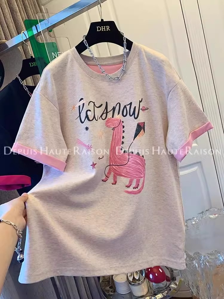 Print + original fabric extra large size 240 catties European contrast dinosaur casual short-sleeved T-shirt for women